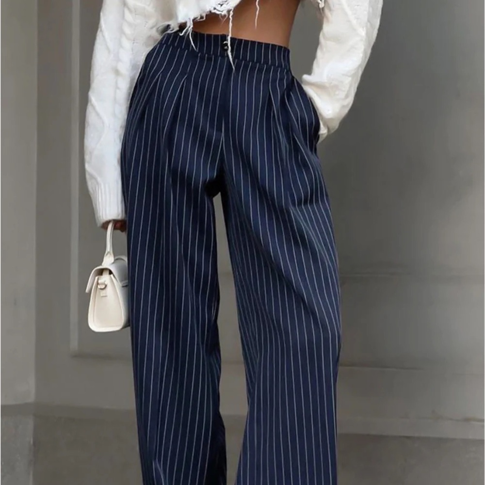 Commense Navy Striped Wide Leg Pants